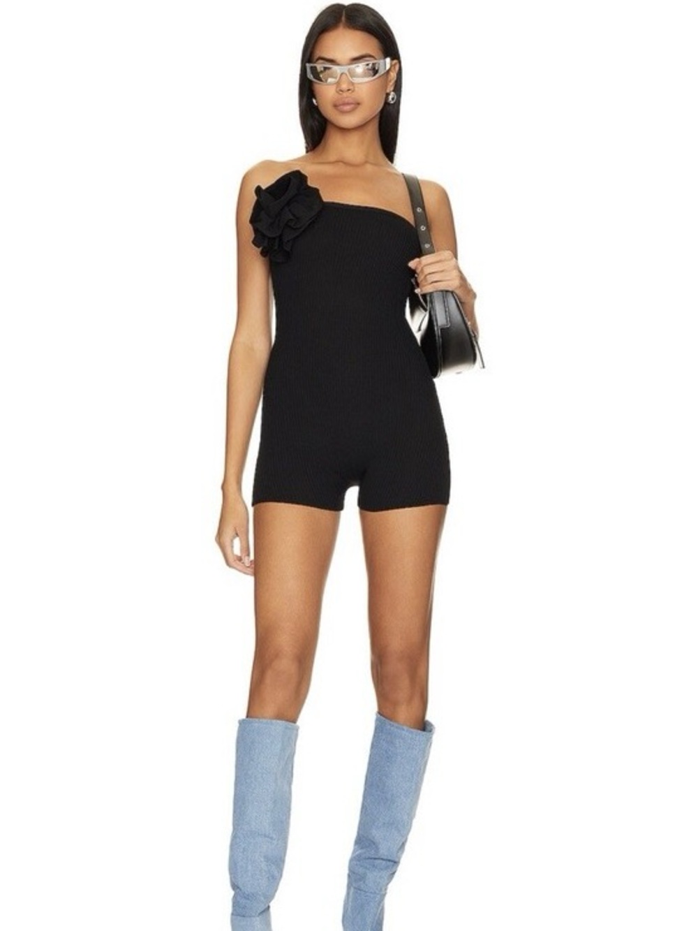 superdown Black Ribbed One-Shoulder Romper with Floral Detail